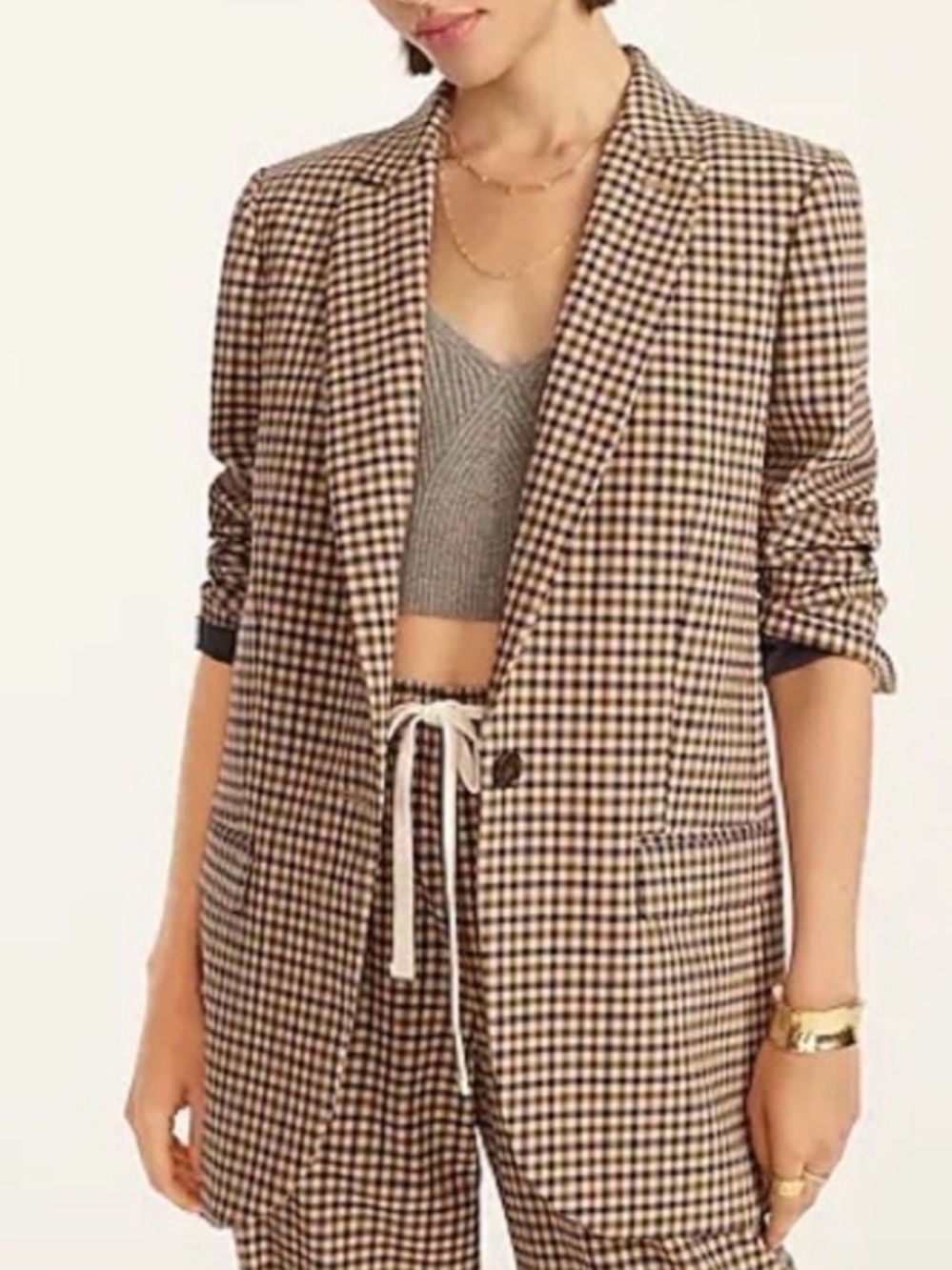 J. Crew Brown and Cream Checked Blazer